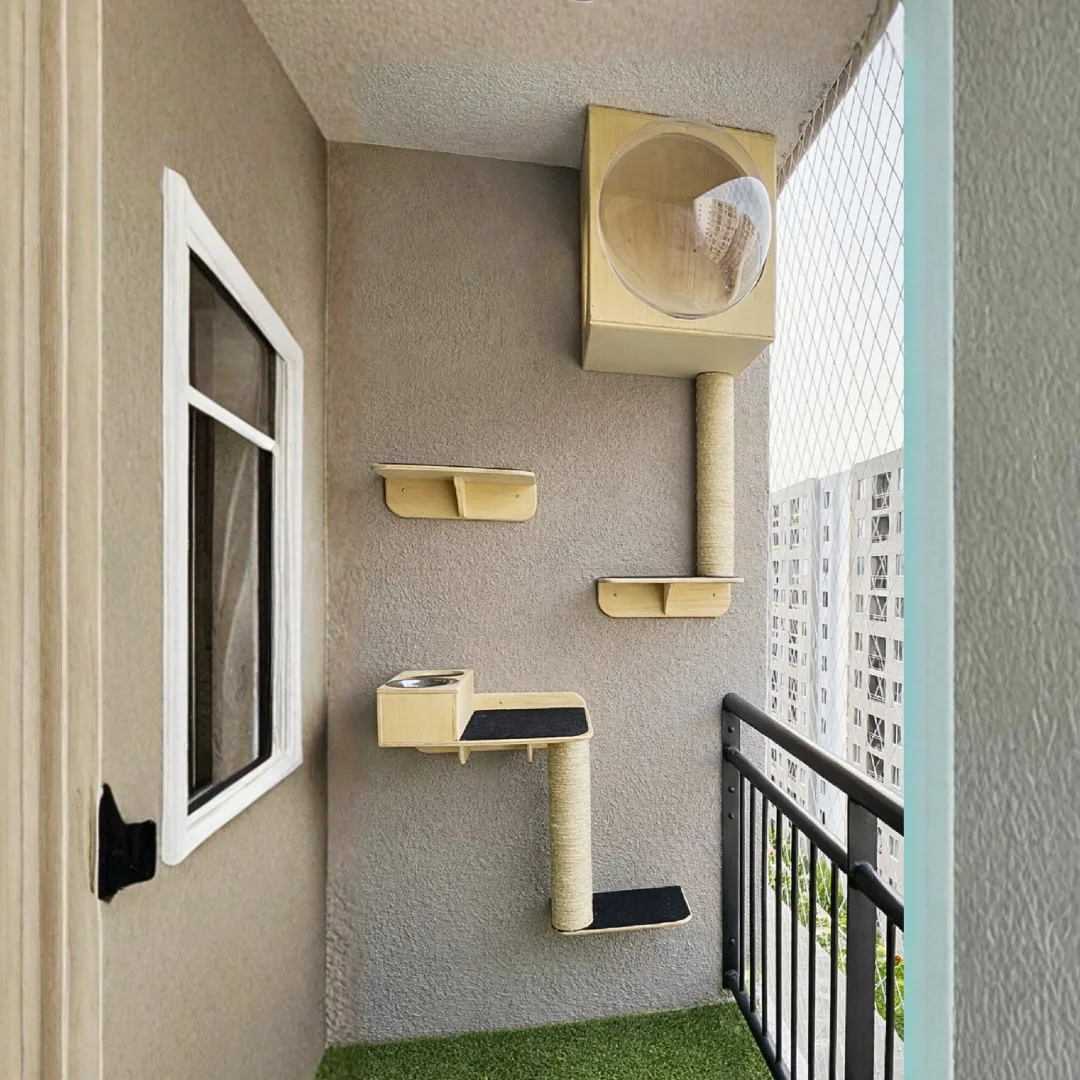 Gimnasio Pared - con Comedero y Doble Rascador para Gatos - Combo #9